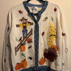 Vintage Quacker Factory Scarecrow and Turkey Knit Sweater – Ramie & Cotton, Size